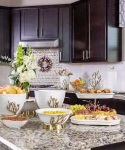 Inspire Me! Home Decor White Ceramic Two Tier Cake Stand With Gold Textured Details