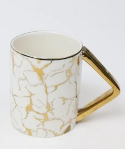 Inspire Me! Home Decor Gold & White Ceramic Mug With Marbled Design And Angled Gold Handle