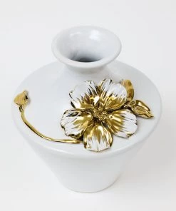 Inspire Me! Home Decor White Ceramic Vase With Stunning Gold & White Floral Detail