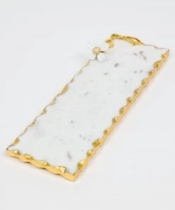 Inspire Me! Home Decor Small Rectangular Marble Tray With White Jeweled Flower Details