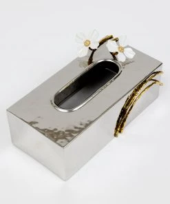 Inspire Me! Home Decor Silver Tissue Box Cover With White Jeweled Flower Details