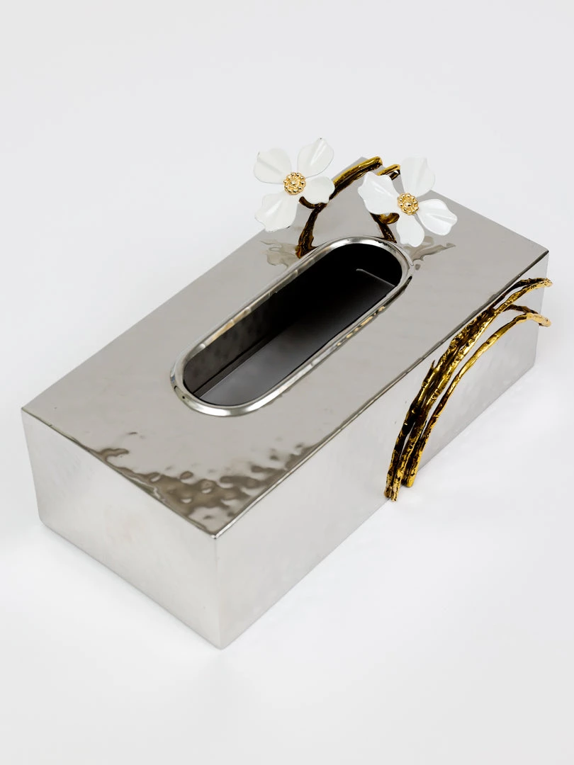 Inspire Me! Home Decor Silver Tissue Box Cover With White Jeweled Flower Details
