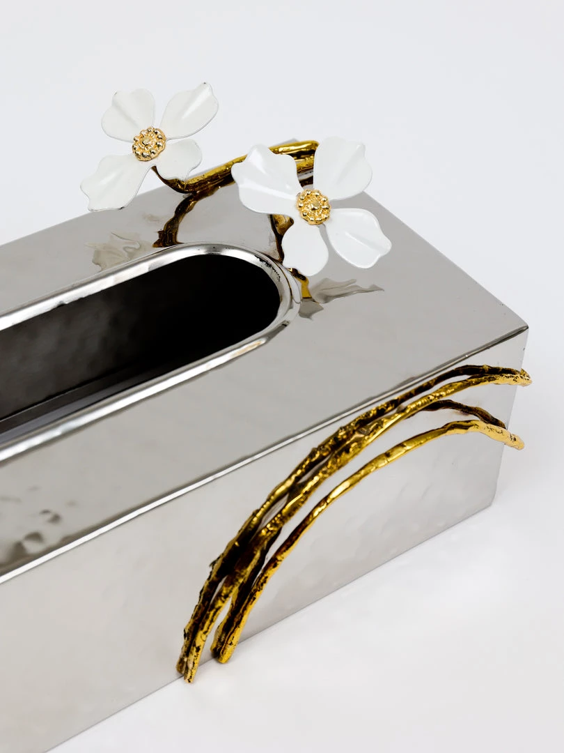 Inspire Me! Home Decor Silver Tissue Box Cover With White Jeweled Flower Details