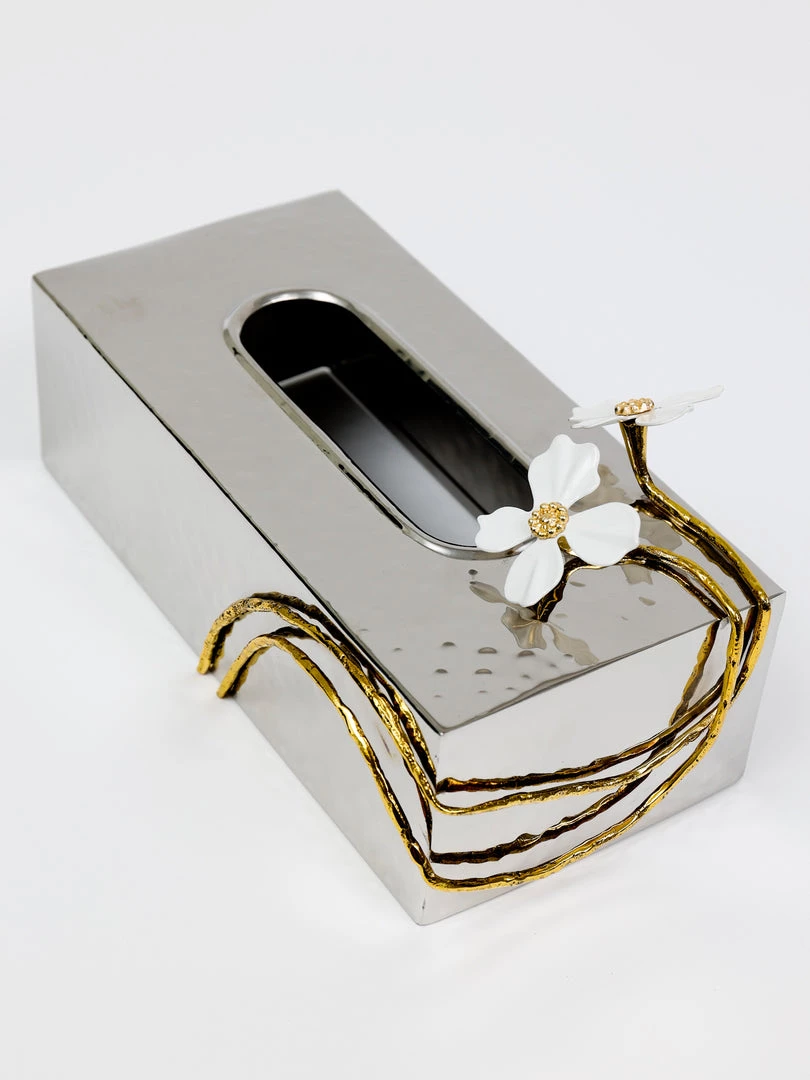 Inspire Me! Home Decor Silver Tissue Box Cover With White Jeweled Flower Details