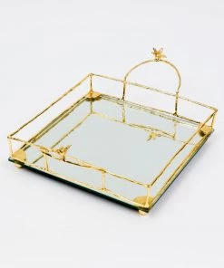 Inspire Me! Home Decor Square Mirrored Tray With Gold Flower Design