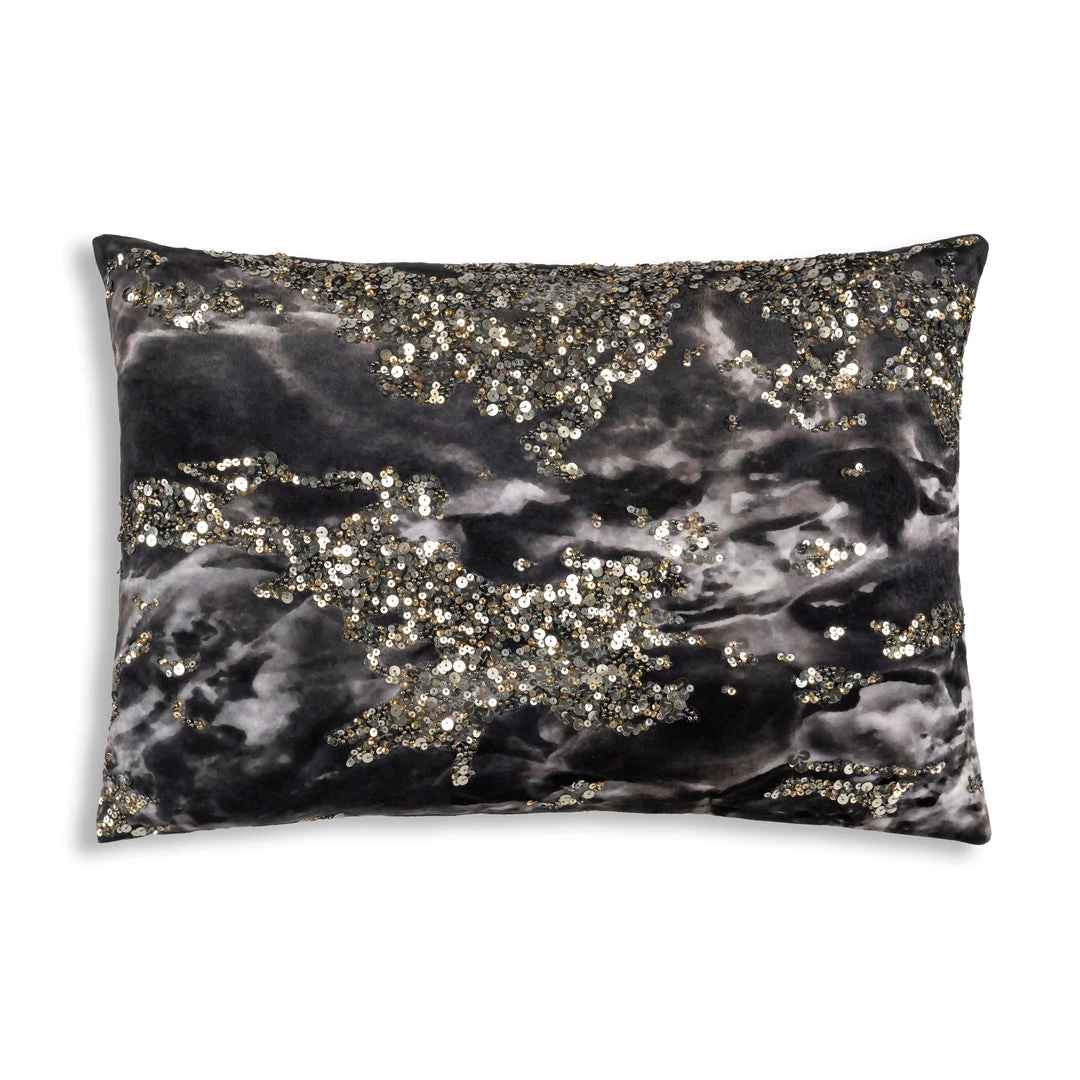 Cloud9d Amal - Charcoal Digital Printed Velvet Oblong Pillow W/ Gold And Silver Print - 20" X 14"