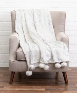 Cloud9d Rami - Faux Fur Throw W/ Silver Metallic Printing And Pom Pom Trim - 60" X 50"