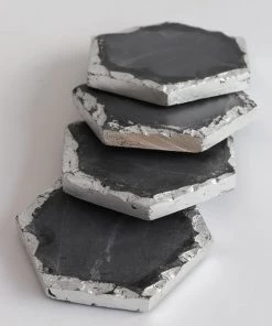Inspire Me! Home Decor Charcoal Grey Marble Hexagon Coasters W/ Silver Edge