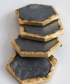 Inspire Me! Home Decor Charcoal Grey Marble Hexagon Coasters W/ Gold Edge