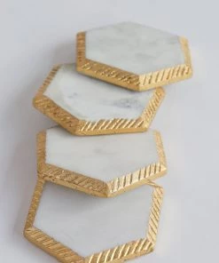 Inspire Me! Home Decor White Marble Hexagon Coasters W/ Gold Edge
