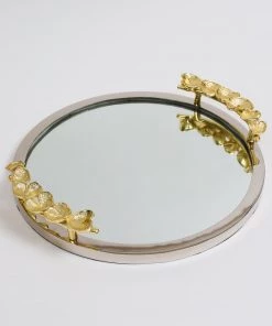 Inspire Me! Home Decor Large Round Decorative Mirror Tray With Gold Petal Handle Details