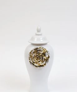 Inspire Me! Home Decor White Ginger Jar With Large Gold Flower Detail (3 Sizes)