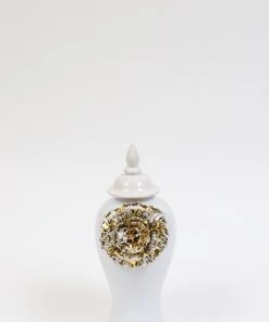 Inspire Me! Home Decor White Ginger Jar With Large Gold Flower Detail (3 Sizes)