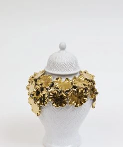 Inspire Me! Home Decor White Textured Ginger Jar With Gold Floral Design (3 Sizes)