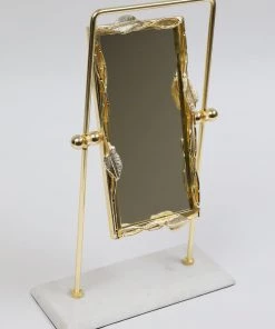 Inspire Me! Home Decor Gold Rectangle Table Mirror With Leaf Border Design And Marble Base