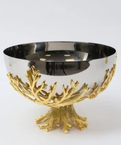 Inspire Me! Home Decor Large Stainless Bowl On Gold Branch Base
