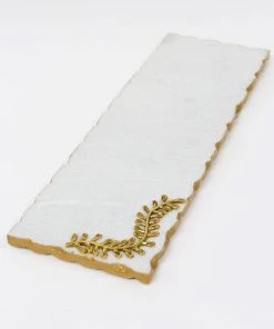 Inspire Me! Home Decor White Marble Tray With Gold Edge And Leaf Design