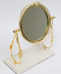 Inspire Me! Home Decor Round Table Mirror With Leaf Design Border And Marble Base (2 Colors) Gold