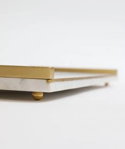 Inspire Me! Home Decor Rectangle Marble Tray With Gold Metal Handles And Gold Edge