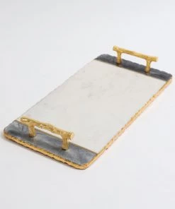Inspire Me! Home Decor White & Black Rectangle Tray With Gold Handles & Edges