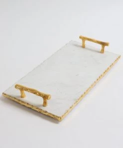 Inspire Me! Home Decor Rectangle Marble Tray With Gold Handles & Hammered Gold Edge