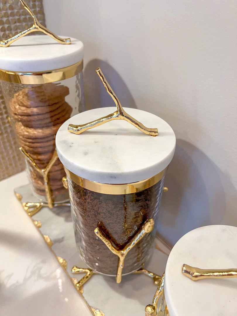 Inspire Me! Home Decor Glass Canister On Gold Twig Base With Marble Lid (3 Sizes)