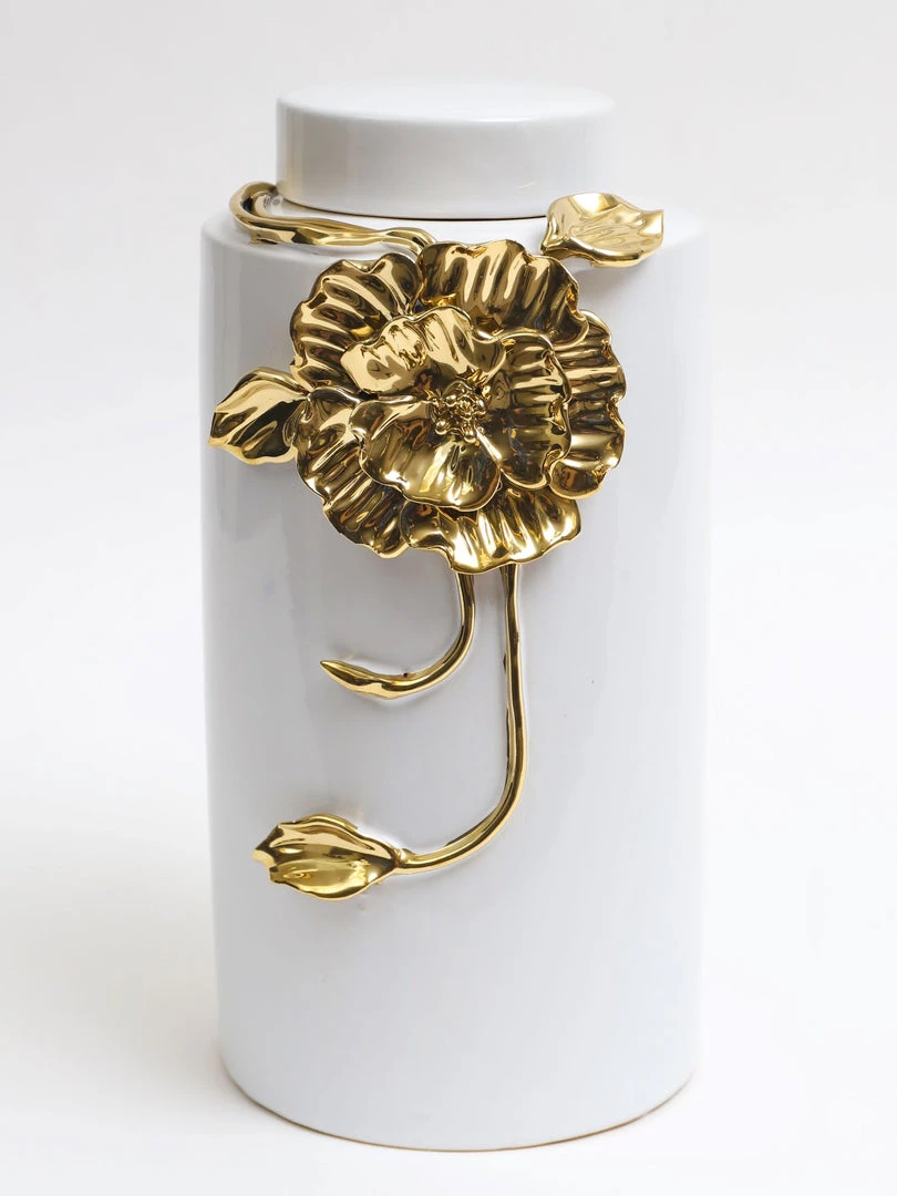 Inspire Me! Home Decor White Ceramic Jar With Gold Floral Design (3 Sizes)