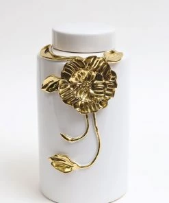 Inspire Me! Home Decor White Ceramic Jar With Gold Floral Design (3 Sizes)