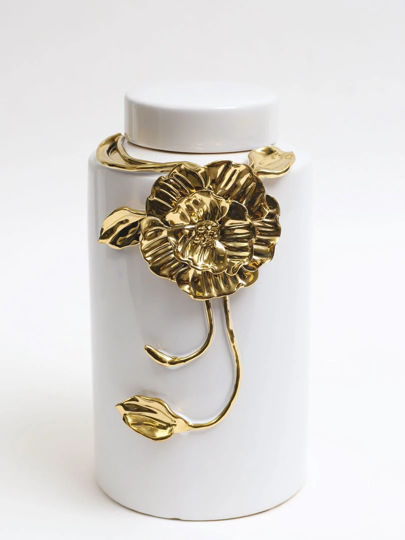 Inspire Me! Home Decor White Ceramic Jar With Gold Floral Design (3 Sizes)