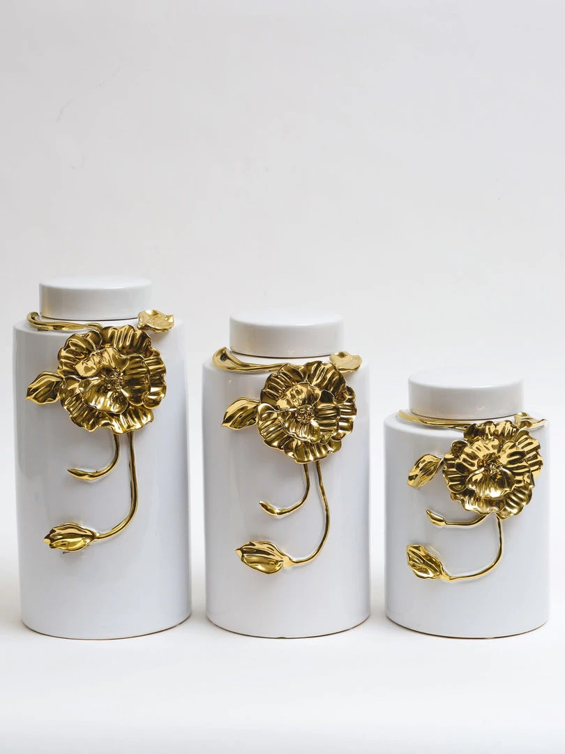 Inspire Me! Home Decor White Ceramic Jar With Gold Floral Design (3 Sizes)