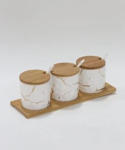 Inspire Me! Home Decor (Set Of 3) Metallic Gold Marble Print Spice Jars With Spoons And Wooden Lid With Tray