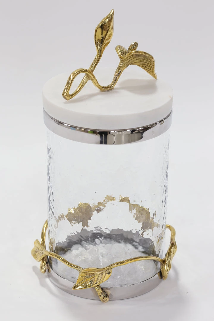 Inspire Me! Home Decor Marble And Gold Metal Leaf Branch Canisters- With Metal Rim (3 Sizes)