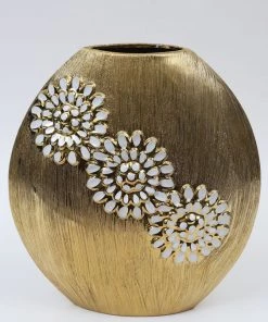 Inspire Me! Home Decor Round Textured Ceramic Gold Vase With White Flower Design (2 Sizes)