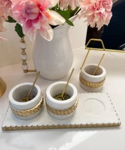 Inspire Me! Home Decor White Marble Condiment Tray With 3 Bowls & Golden Spoons