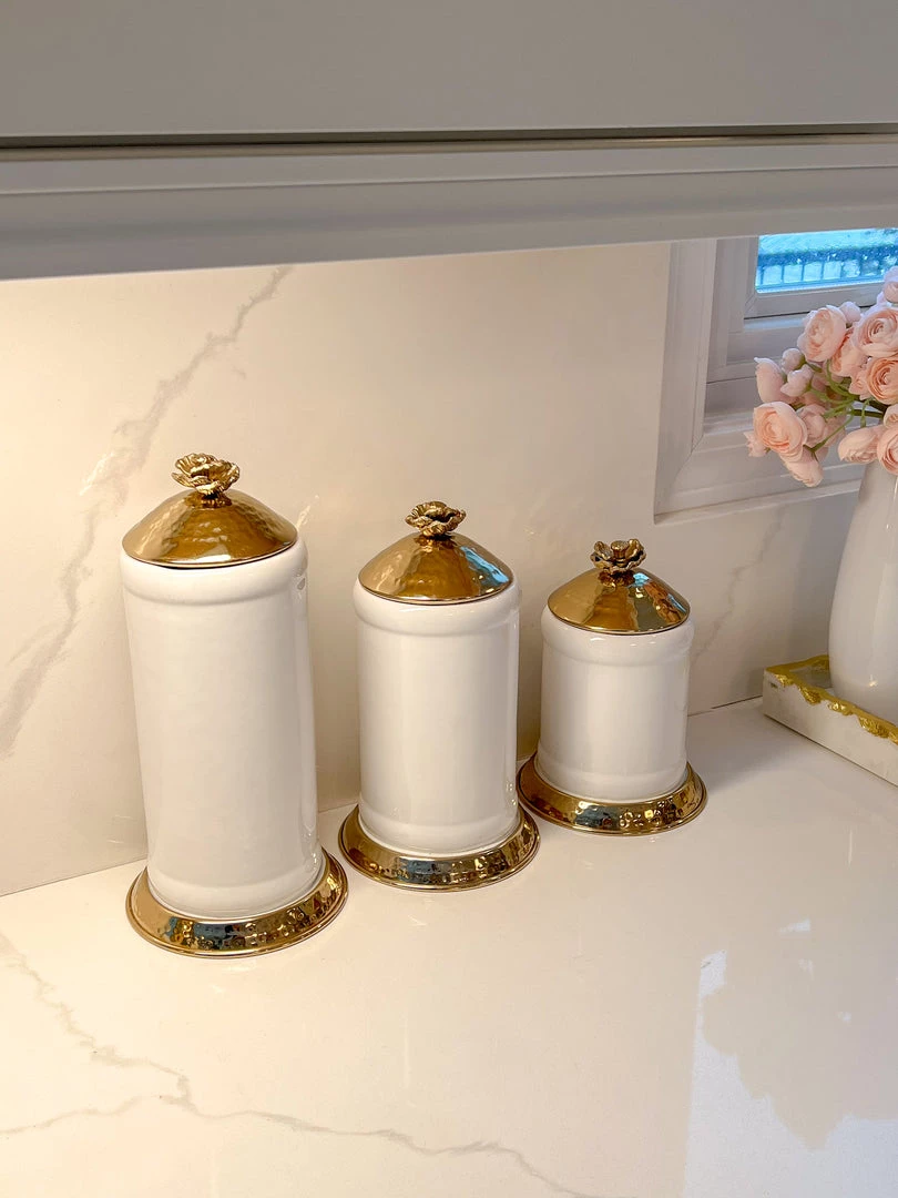 Inspire Me! Home Decor White Ceramic Jars With Gold Flower Lid (3 Sizes)
