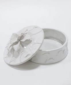 Inspire Me! Home Decor White Floral Ceramic Covered Box