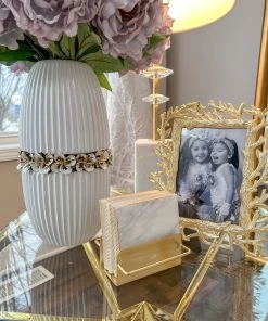 Inspire Me! Home Decor Square Marble Coasters With Gold Edge & Gold Metal Holder