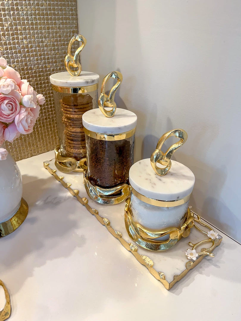 Inspire Me! Home Decor Glass Canisters With Gold Knot Design And Marble Lid (3 Sizes)