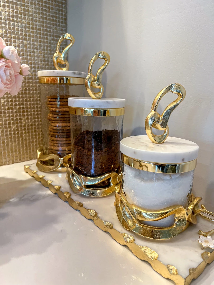 Inspire Me! Home Decor Glass Canisters With Gold Knot Design And Marble Lid (3 Sizes)