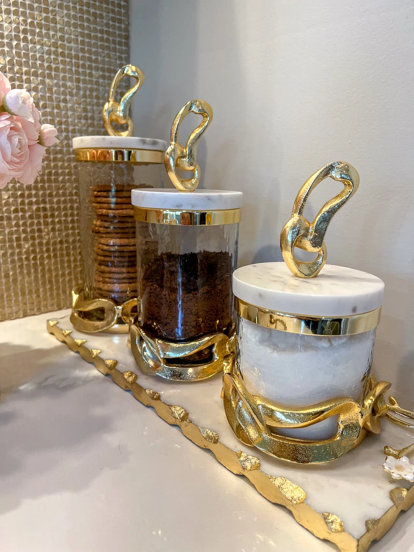 Inspire Me! Home Decor Glass Canisters With Gold Knot Design And Marble Lid (3 Sizes)