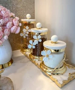 Inspire Me! Home Decor Small Rectangular Marble Tray With White Jeweled Flower Details