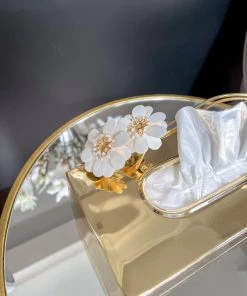Inspire Me! Home Decor Gold Tissue Box Cover With White Jeweled Flower Details