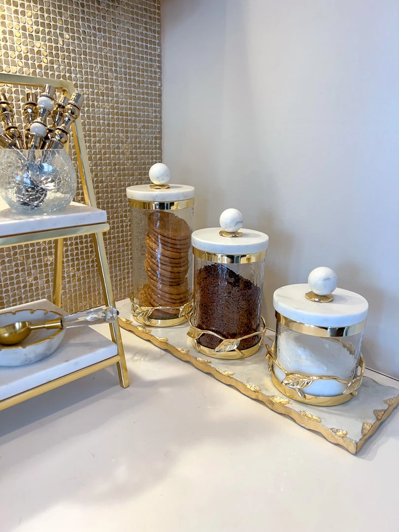 Inspire Me! Home Decor Gold Metal Leaf Branch Canister W/ Marble Ball Lid (3 Sizes)