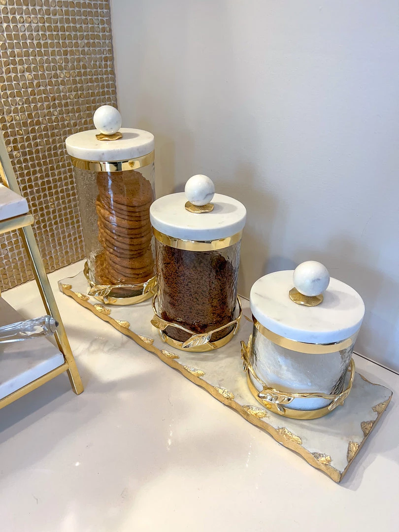 Inspire Me! Home Decor Gold Metal Leaf Branch Canister W/ Marble Ball Lid (3 Sizes)