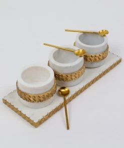 Inspire Me! Home Decor White Marble Condiment Tray With 3 Bowls & Golden Spoons