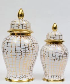 Inspire Me! Home Decor White And Gold Animal Print Ginger Jar (2 Sizes) Ginger Jars