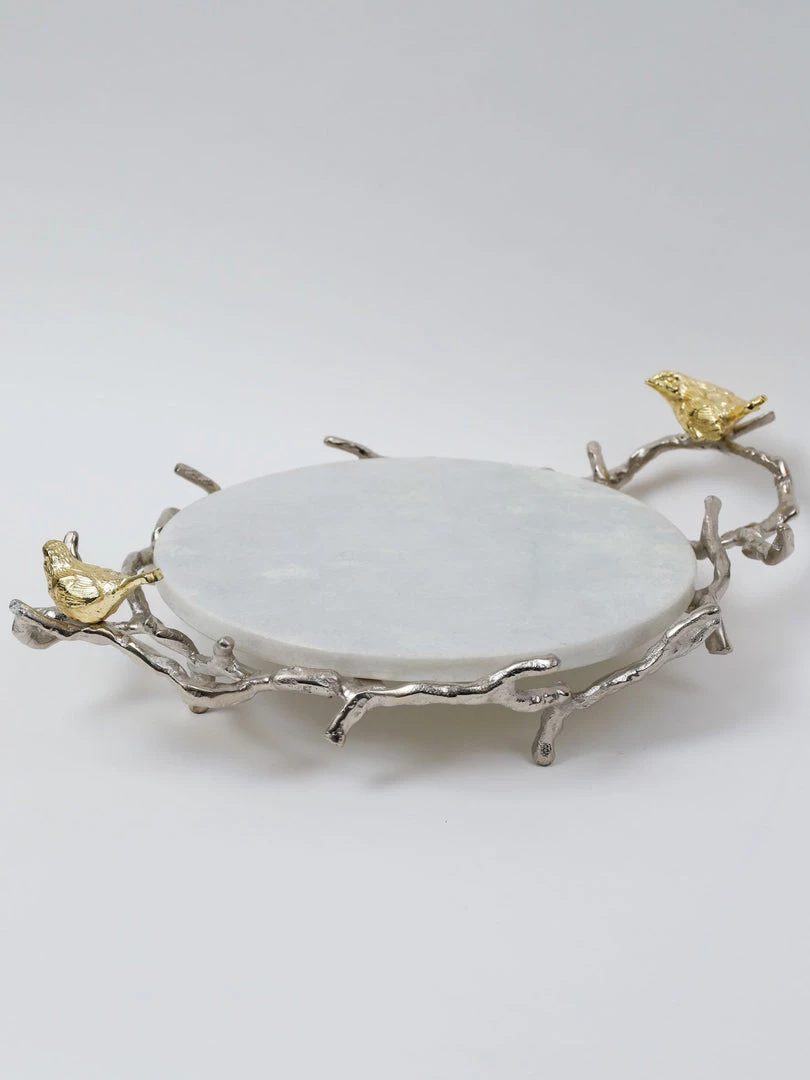 Inspire Me! Home Decor Round Marble Tray With Gold Branch & Bird Details