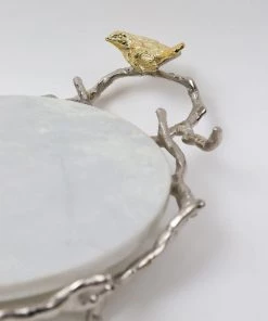 Inspire Me! Home Decor Round Marble Tray With Gold Branch & Bird Details