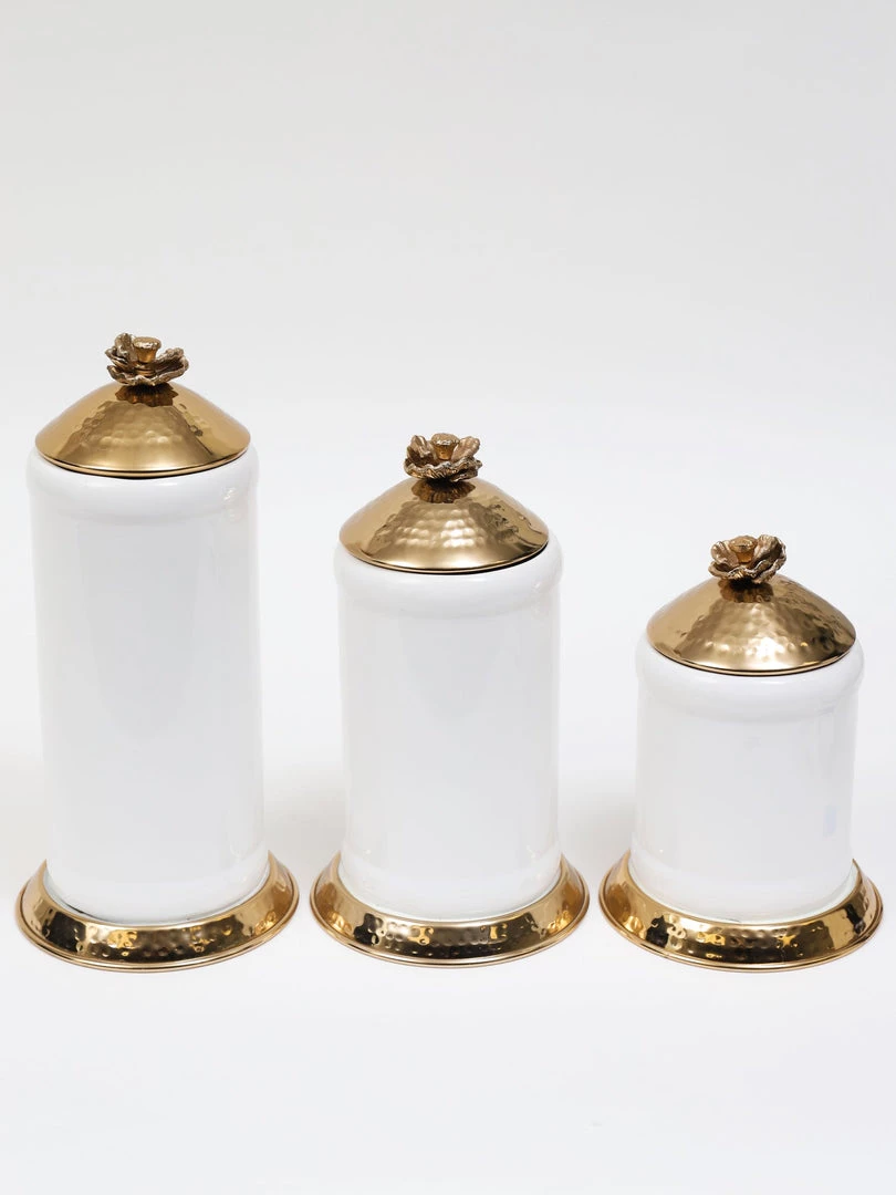 Inspire Me! Home Decor White Ceramic Jars With Gold Flower Lid (3 Sizes)