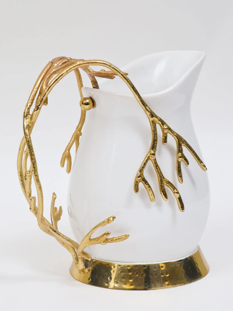 Inspire Me! Home Decor White Ceramic Pitcher With Gold Textured Design Handle & Base " From Pops Of Color Home Collection"